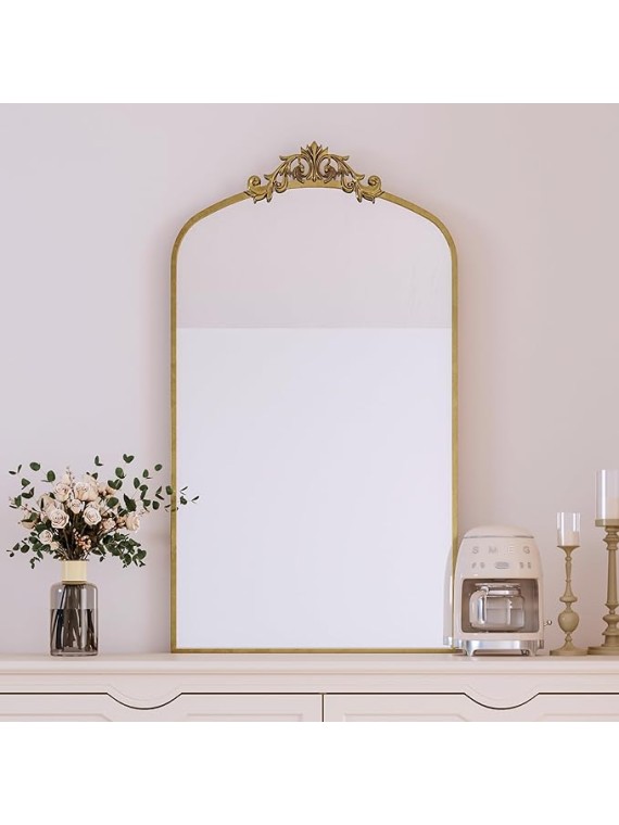 Enhance Room Decor with Vintage Arched Floor Mirror, Ornate Metal Frame for Entryway or Living Room, Antique Bronze Finish