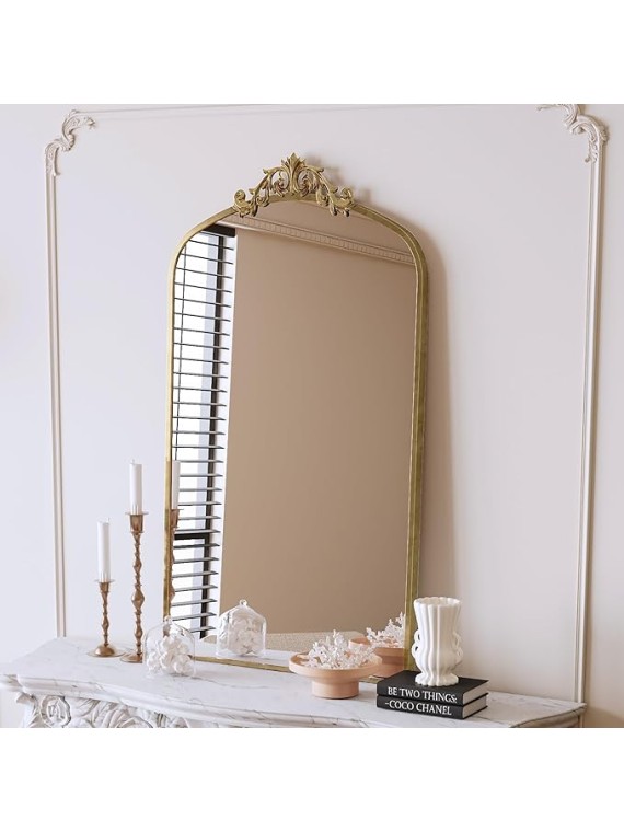 Enhance Room Decor with Vintage Arched Floor Mirror, Ornate Metal Frame for Entryway or Living Room, Antique Bronze Finish