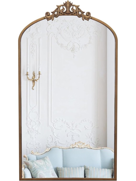 Enhance Room Decor with Vintage Arched Floor Mirror, Ornate Metal Frame for Entryway or Living Room, Antique Bronze Finish